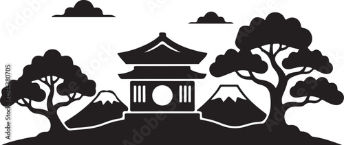 Traditional japanese pagoda surrounded by nature and mountains in a serene landscape