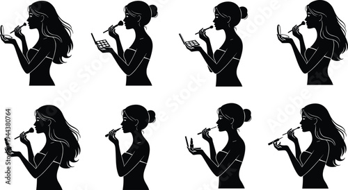 Set of elegant female silhouettes applying makeup with brushes, palettes, and lipstick, illustrating beauty routines, cosmetics application, skin care, and glamorous lifestyle for fashion design.