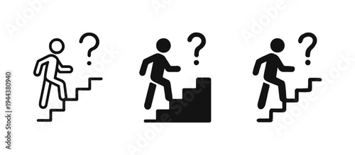 Climbing Stairs to Question Mark Icon Set. Challenge and Problem-Solving Symbol.