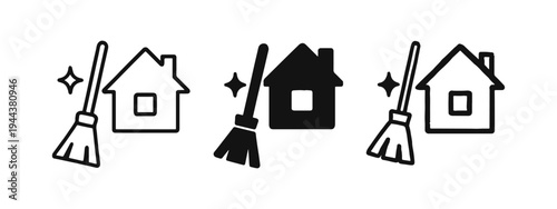 Home Cleaning Icon Set. Broom and House Maintenance Symbol.