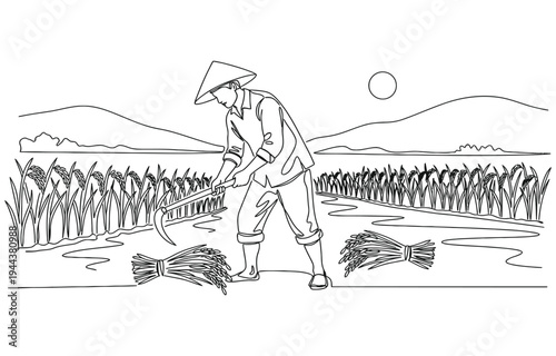 Single one line drawing of young male farmer was harvesting rice and there was also rice that had been tied up. 