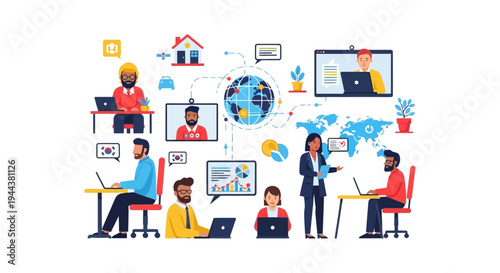 Global Remote Work & Digital Collaboration Network. Diverse professionals worldwide connect for business, teamwork, and communication.