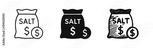 Cost of Salt Icon Set. Bag of Salt with Dollar Price Symbol.