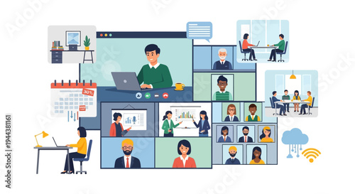 Hybrid Work & Virtual Collaboration Concept: Online Video Conference, Remote Team Meetings, Digital Business Communication and Productivity Illustration