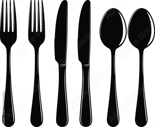 Cutlery silhouette vector illustration set featuring stainless steel forks, knives, and spoons for restaurant menus, kitchen dining, catering services, and food industry designs