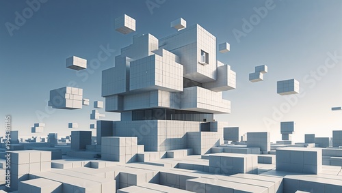 Modular cubic building made of stacked white blocks in a minimal landscape, parametric architecture and prefabricated construction concept background with copy space