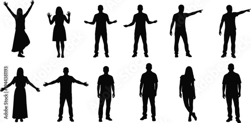 Diverse People Silhouettes Set, Featuring Men and Women in Various Poses, Cheering, Pointing, Standing, and Expressing Emotions for Social Graphic Design and Vector Illustration