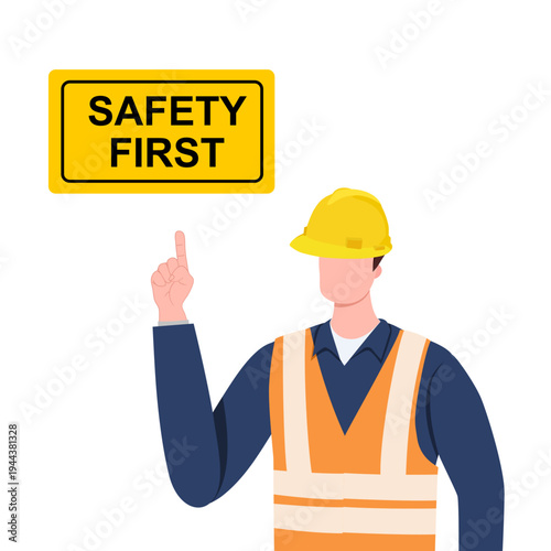 Construction worker next to a safety first sign and traffic cone. Perfect for construction safety, workplace guidelines, and industrial themes.