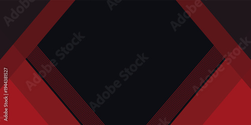 Geometri 3d modern membentuk garis hitam dengan batas merah pada latar belakang gelap. Garis merah terang mewah dengan efek metalik.modern