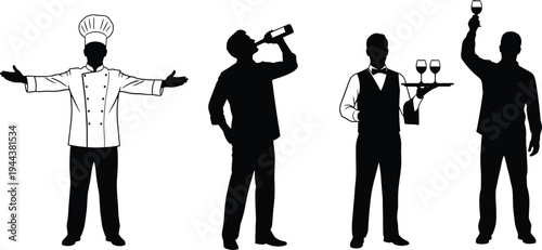 Restaurant Staff Silhouette Set, Featuring Professional Chef, Waiter Serving Wine, Sommelier Tasting, and Server Icons for Culinary, Dining, Hospitality, and Fine Food Vector Design