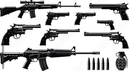 Weapon Silhouette Set, Featuring Assault Rifles, Handguns, Revolvers, Pistols, Bullets, and Grenade Icons for Military, Tactical, Self Defense, and Action Graphic Vector Illustration