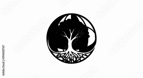 Circular emblem features a stylized tree with visible roots and branches within an outer ring