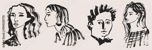 Artistic hand drawn fashion portraits set. Minimalist charcoal style female faces for editorial illustrations, modern branding, and stylish lifestyle graphic projects.