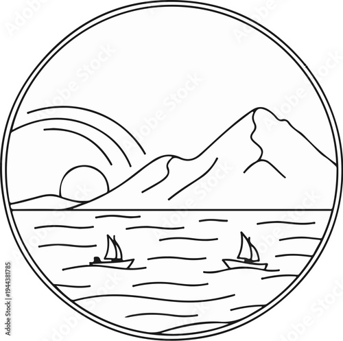 Circular illustration of a serene seascape with mountains and sailboats at sunset