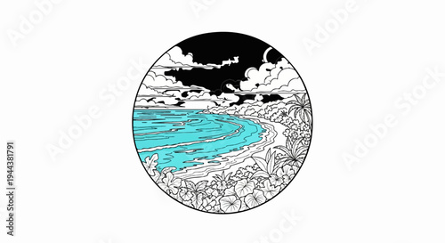 Circular illustration of a tropical beach with turquoise water and lush foliage