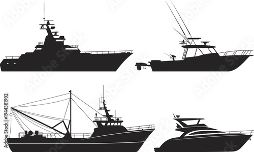 Silhouettes of four different boats including military vessel, sport fishing boat, commercial trawler, and luxury yacht representing marine diversity