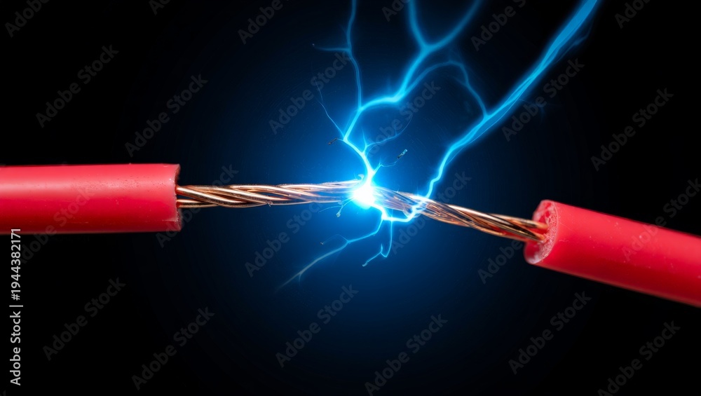 © olga_demina - An impactful visual showcasing a bright blue electrical spark vividly arcing between the exposed copper strands of two red electrical wires, set against a dark background, representing raw electrical