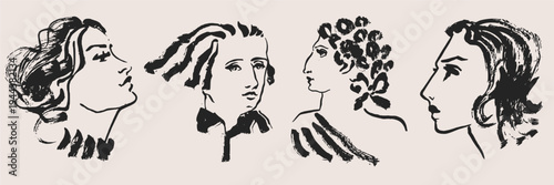 Expressive female faces and profile sketches set. Hand drawn artistic head illustrations for beauty branding, magazines, and contemporary graphic design.
