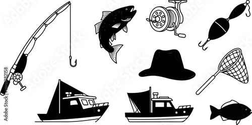 Collection of black and white illustrations of fishing equipment and marine vessels