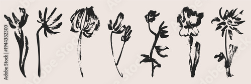 Delicate hand drawn botanical flowers and plant stems set. Minimalist floral ink sketches for natural branding, cards, and artistic design projects.