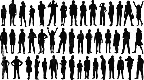 Silhouettes of forty diverse people in multiple rows, standing, walking, and gesturing, representing human posture, attire, and body language illustration