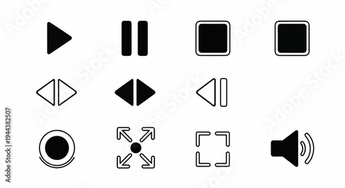 Collection of digital media control icons, including playback, navigation, and volume