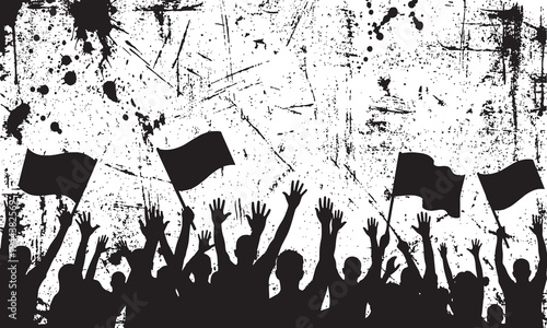 Distressed Grunge Crowd Silhouette with Waving Flags Vector