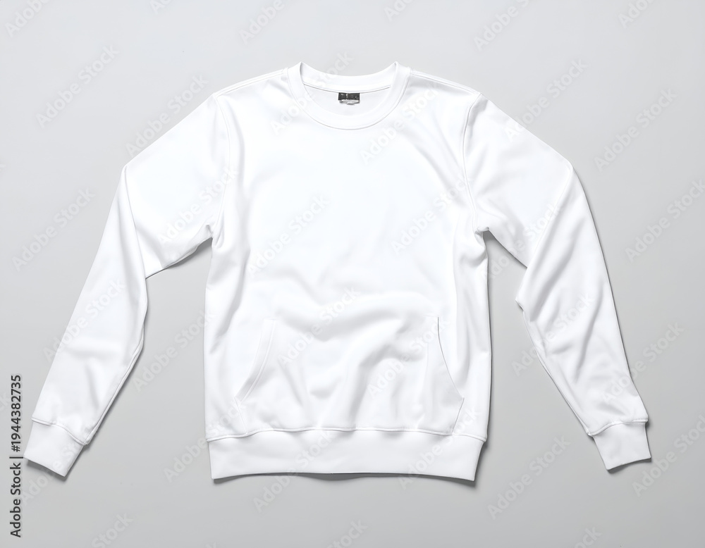 Fototapeta premium Clean, white crewneck sweatshirt laid flat, subtle shadows