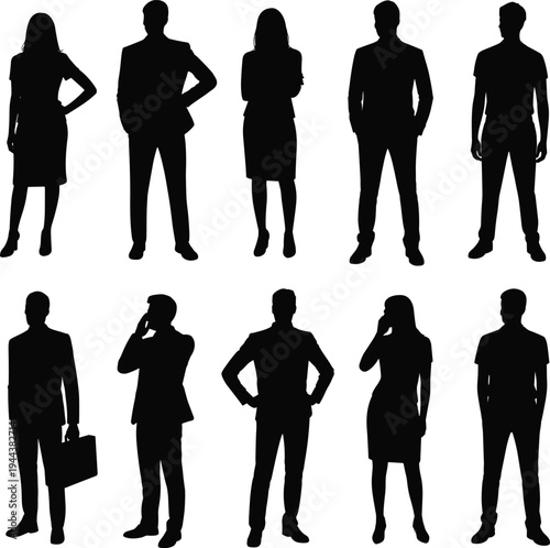 Silhouettes of ten individuals in business and casual attire, standing in rows with varied postures, gestures, and professional expressions