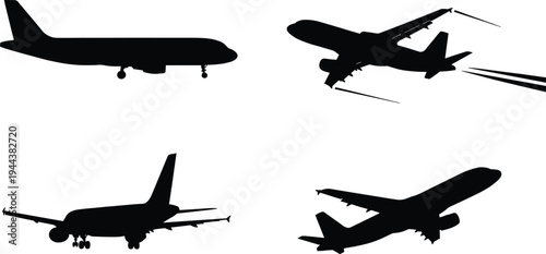 Airplane silhouette set, commercial passenger aircraft flying and landing poses collection, aviation transport vector illustration isolated on white