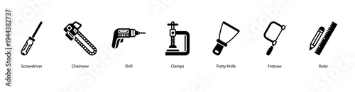 Handy Tools web banner icon vector illustration featuring Screwdriver, Chainsaw, Drill, Clamps, Putty Knife, Fretsaw, and Ruler.