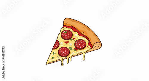 Delicious cartoon slice of pepperoni pizza with dripping cheese