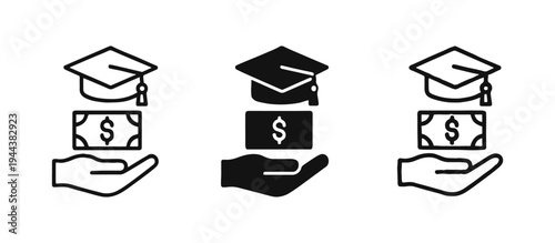 Scholarship and Education Funding Icons. Set of vector symbols representing financial aid, student loans, and tuition costs with graduation cap, money, and hand elements.