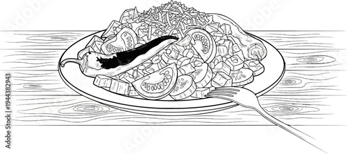 Delicious vegetable salad with a chili pepper on a plate atop a wooden table