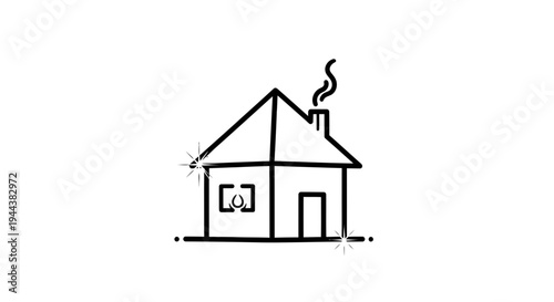 Cozy House Icon with Smoke from Chimney, Sparkles, and Simple Lines