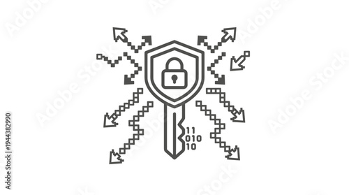 Digital key symbol with shield and arrows representing security  