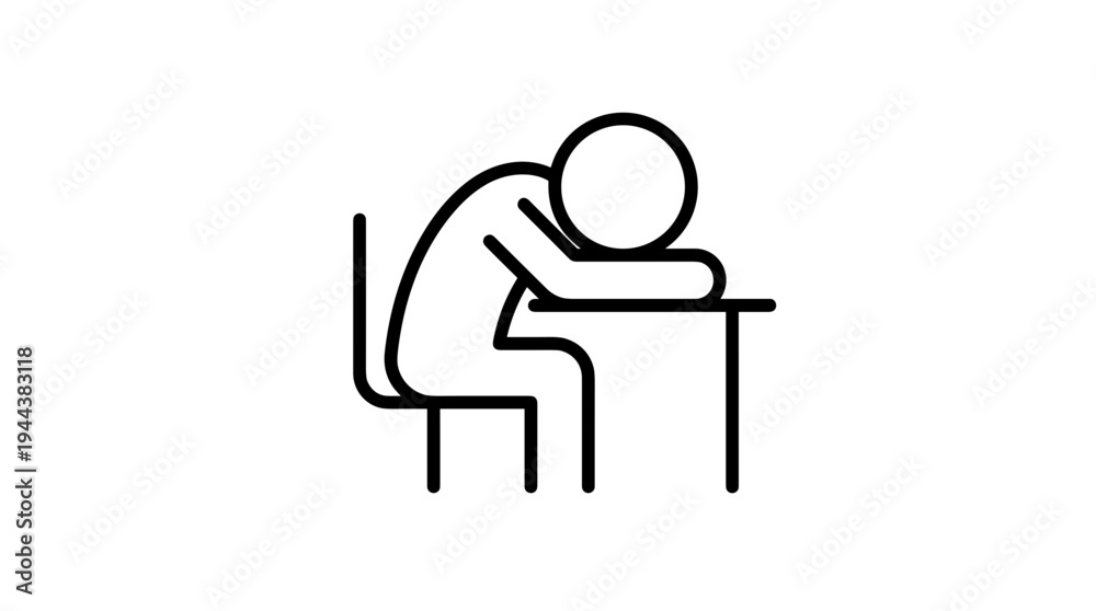 Fototapeta premium Stressed stick figure sitting at table with head down 