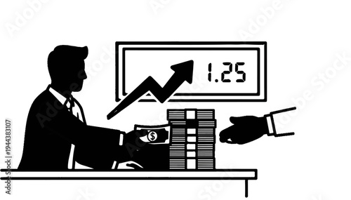 Businessman exchanging money with a graph showing upward trend and number 1.25