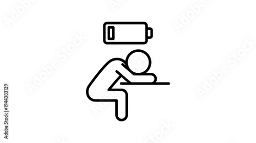 Stressed person resting on table with low battery icon above  