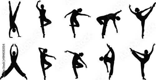 Ballet dancer silhouettes collection, graceful female dance poses set, classical ballet performance movement vector illustration isolated on white