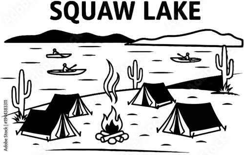 Desert lake with tents, kayaks, campfire, and cacti under mountains