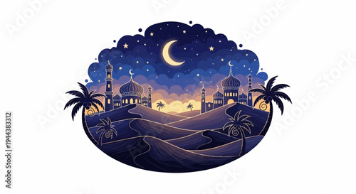 Desert cityscape with crescent moon, stars, mosques, and palm trees