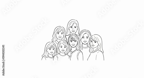 Diverse group of seven smiling women drawn in simple black outline on a white background