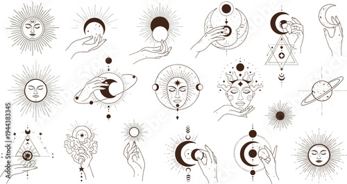 Mystical Celestial Symbols Collection with Sun, Moon, Hands and Esoteric Line Art Illustrations for Spiritual and Astrology Design