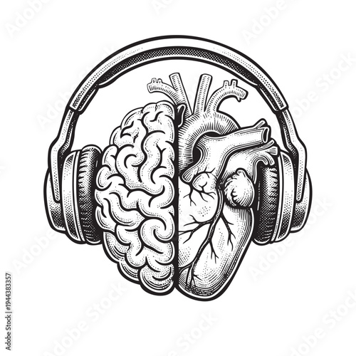 Human Brain and Heart Listening to Headphones Illustration Vector
