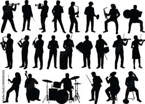 Silhouettes of twenty musicians playing diverse instruments including trumpet, saxophone, violin, drums, flute, cello, and microphone performance
