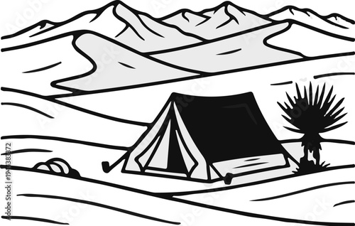 Desert scene with a tent, mountains, and sparse vegetation