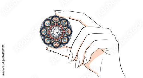 Delicate hands showcasing a circular, beaded jewel with colorful gemstones