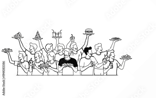 Diverse group of people happily holding and presenting fast food and drinks