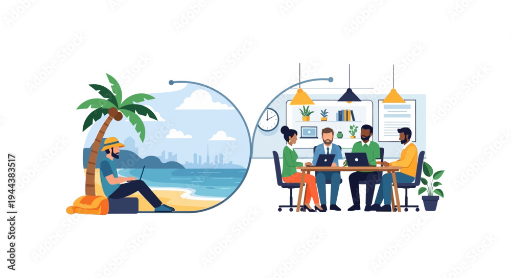 Obraz premium Remote Work vs. Office Collaboration: Hybrid Workplace & Modern Business Dynamics